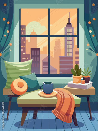 A window seat in a room with a city view and a cup of coffee. Scene is calm and relaxing