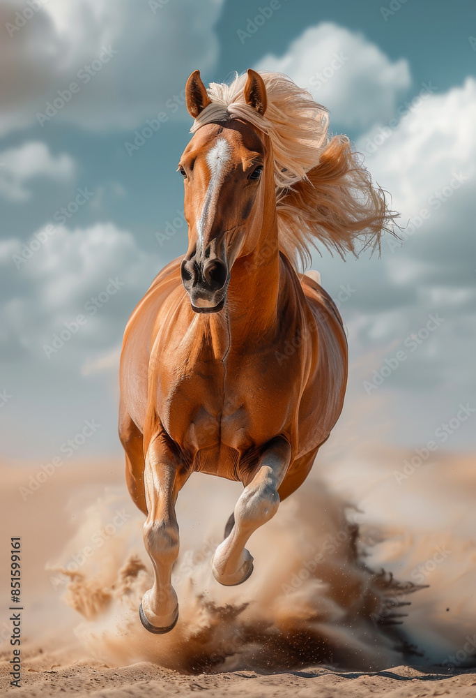 Fototapeta premium Beautiful horse runs gallop in the desert