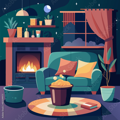 A cozy living room with a fireplace, a couch, and a potted plant. The room has a warm and inviting atmosphere, perfect for relaxing and spending time with family and friends