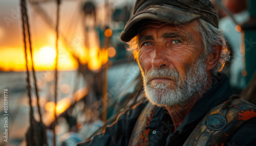 Old sailor with beard and cap sitting on the deck of his sailboat and looking into the distance