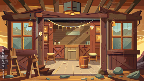 A room with a wooden floor and a wooden door. The room is empty and has a rustic feel