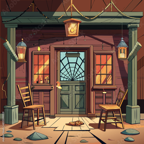 A creepy old house with a spider web on the door. The door is open and there are two chairs on the porch