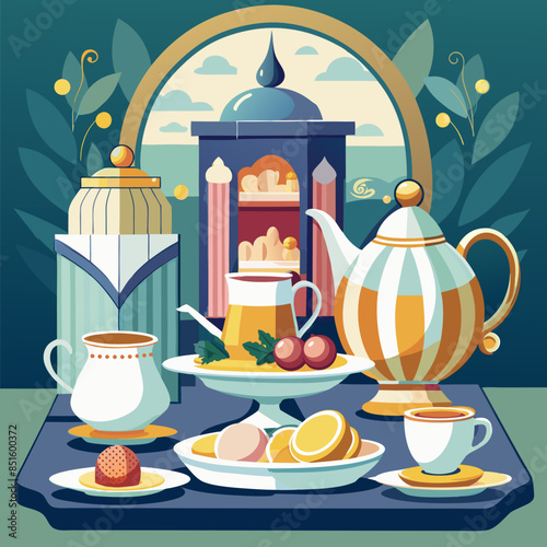 A colorful painting of a table with various cups, plates, and a teapot. The mood of the painting is cheerful and inviting, as it seems to be a display of a breakfast or tea party