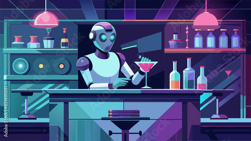 A robot bartender is standing behind a bar with a martini glass in his hand. The bar is filled with various bottles and cups, and there is a cupcake on the counter