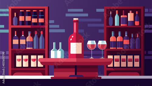 A bar with a bottle of wine on a table and two wine glasses