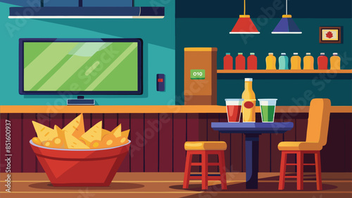 A cartoonish drawing of a bar with a TV, a counter with a green sign that says 