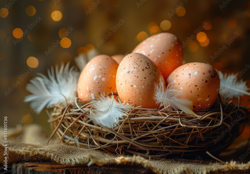 Easter eggs in nest on blurred background of golden bokeh