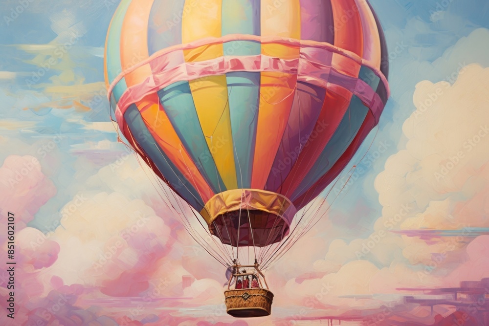 Fototapeta premium Feminine aesthetic vintage old style oil painting of close up hot air balloon aircraft vehicle transportation.