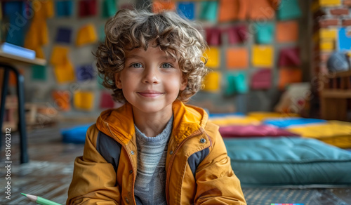 Wallpaper Mural Young boy smiles while sitting on the floor with pencil in his hand. Torontodigital.ca
