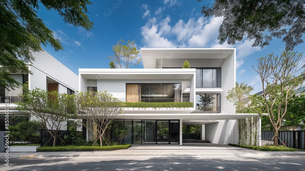 A Modern House Is Surrounded By Trees With Green Leaves. A Modern House Is Surrounded By Trees With Green Leaves.
