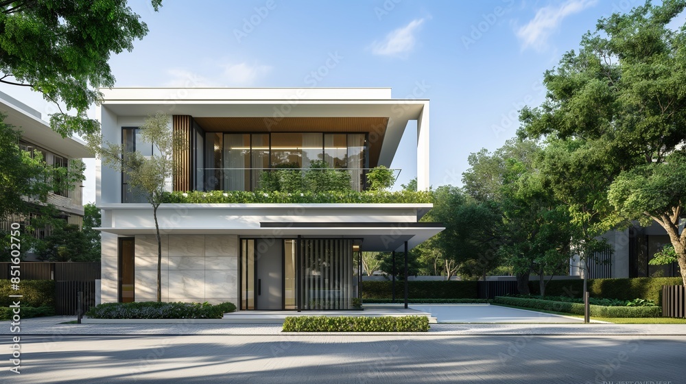 A Modern House Is Surrounded By Trees With Green Leaves. A Modern House Is Surrounded By Trees With Green Leaves.