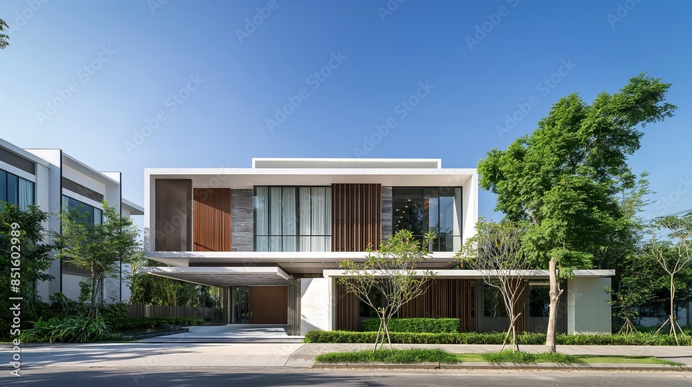 A Modern House Is Surrounded By Trees With Green Leaves. A Modern House Is Surrounded By Trees With Green Leaves.