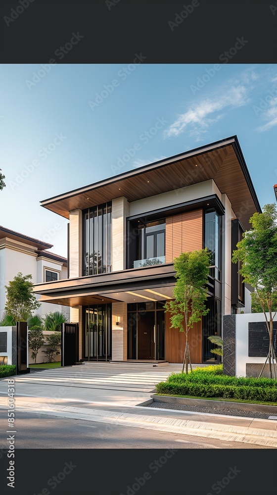 A Two-Storey Home With A Glass Balcony, Large Windows And Natural Landscape. A Two-Storey Home With A Glass Balcony, Large Windows And Natural Landscape.