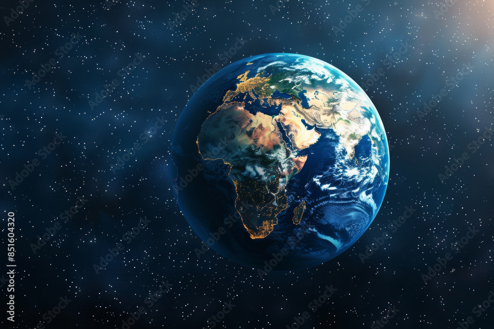 A breathtaking view of Earth from space, showcasing the planet's vibrant colors, intricate landmasses, and the sparkling expanse of the universe.
