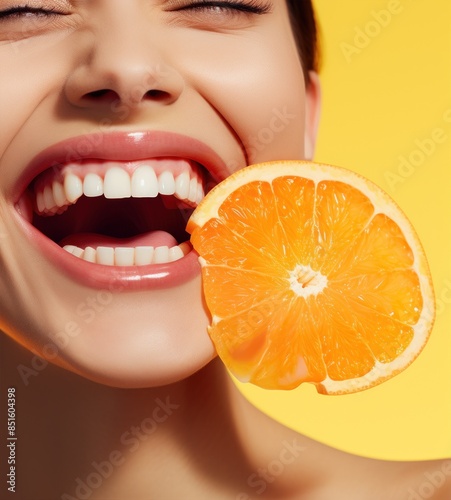 Beauty Model Girl with Juicy Orange close-up. Beautiful Joyful woman smile. Happy and optimistic emotion, natural make up. Orange Slice photo