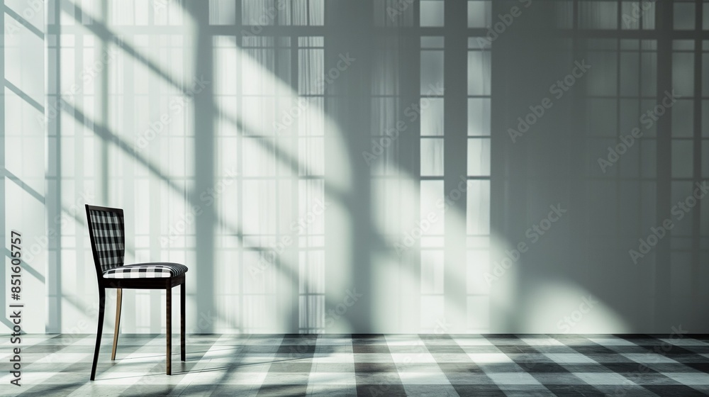 Fototapeta premium A Couch With A Plaid Floor And A Window In A Minimalist Living Room.