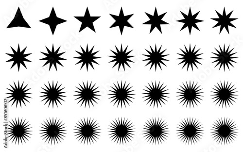 black and white stars, many points of star on white background 
