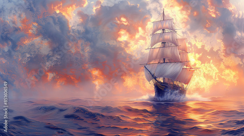 A large ship sails through a stormy sea with a fiery sunset beautiful sail boat