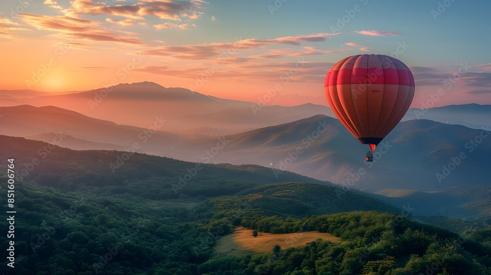 Fototapeta premium Serene Hot Air Balloon Ride Over Majestic Mountain Landscapes at Breathtaking Sunrise