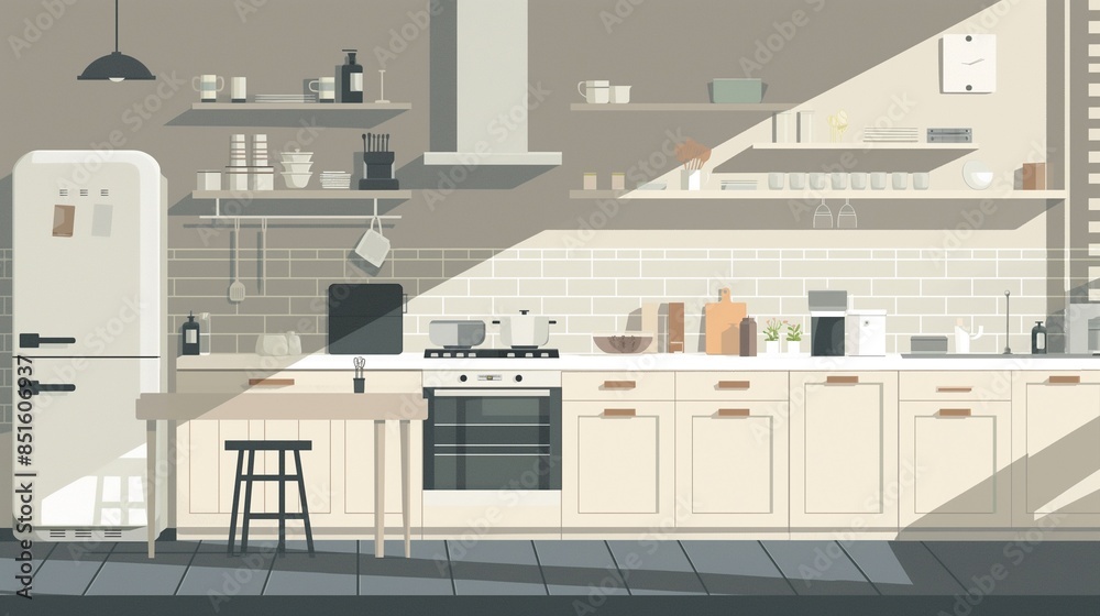 A Minimalist Kitchen Room : Vector Flat Illustration. A Minimalist Kitchen Room : Vector Flat Illustration.