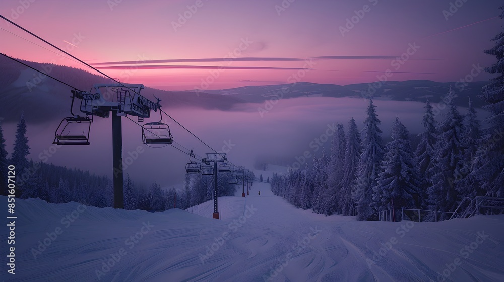 Serene winter ski slope at dawn with silent chairlifts awaiting skiers in the misty mountain landscape Serene winter ski slope at dawn with silent chairlifts awaiting skiers in the misty mountain landscape