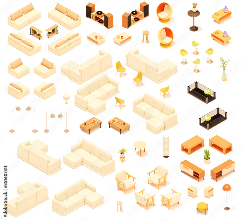 Vector isometric home furniture set. Domestic and office furniture and equipment. Sofa, bed, chairs, armchair, table, lamp, shelves and stools