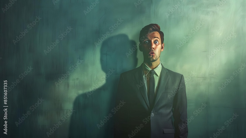 A businesspersons shadow changing emotions while the person remains stoic, surrealism, muted tones, high detail A businesspersons shadow changing emotions while the person remains stoic, surrealism, muted tones, high detail