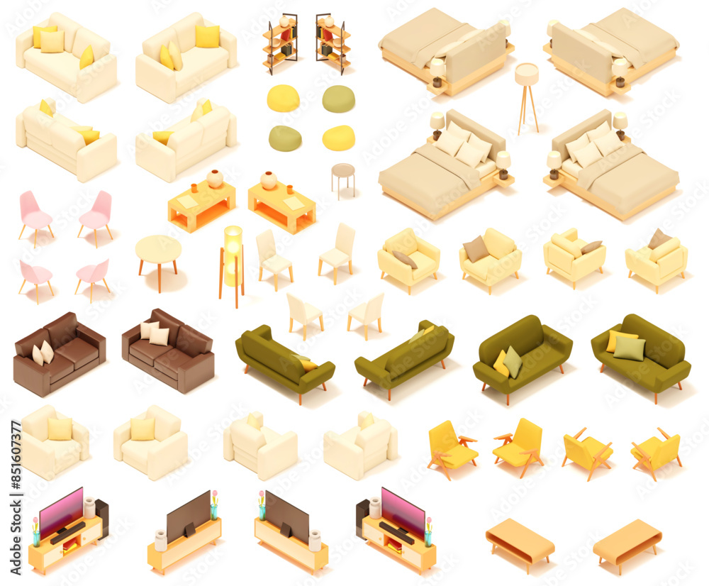 Vector isometric home furniture set. Domestic and office furniture and equipment. Sofa, bed, chairs, armchair, table, lamp, shelves and stools