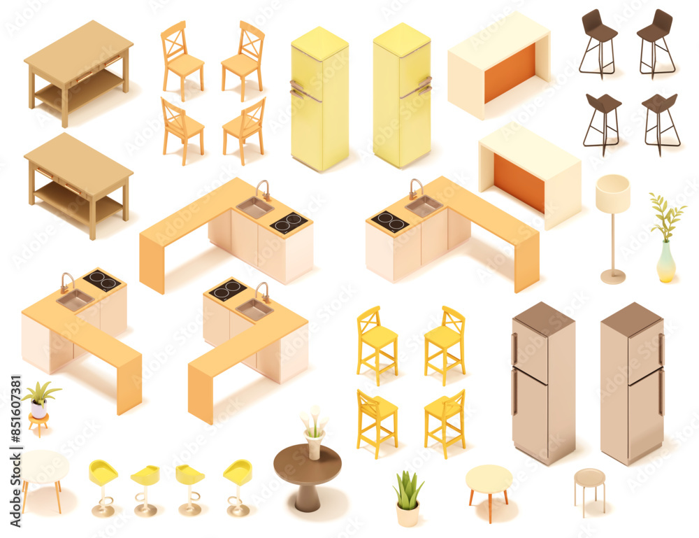 Vector isometric kitchen furniture set. Dining room table, lamps, cabinets and stools, stove, oven, sink, kitchen island and countertop