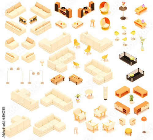 Obraz na płótnie Vector isometric home furniture set. Domestic and office furniture and equipment. Sofa, bed, chairs, armchair, table, lamp, shelves and stools w salonie