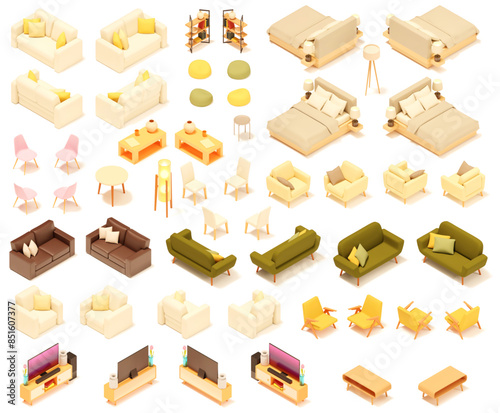 Obraz na płótnie Vector isometric home furniture set. Domestic and office furniture and equipment. Sofa, bed, chairs, armchair, table, lamp, shelves and stools w salonie