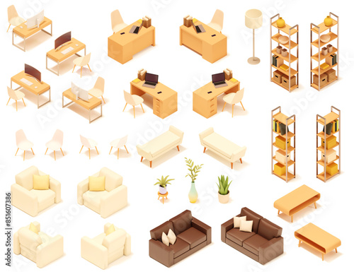 Vector isometric home and office furniture set. Domestic and working furniture and equipment. chairs, armchair, table, desk, lamp, shelves and armchair
