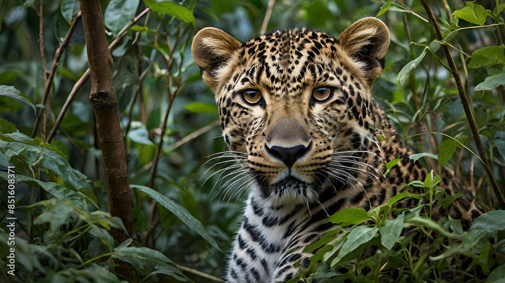 a leopard peering through dense foliage, with the camera focusing on its eyes, surrounded by natural elements that highlight its protected environment in a conservation area a leopard peering through dense foliage, with the camera focusing on its eyes, surrounded by natural elements that highlight its protected environment in a conservation area