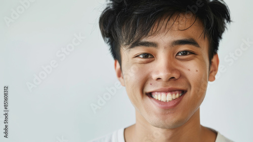 A young man with tousled black hair and a bright smile poses against a light background, radiating joy and energy. photo