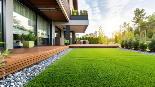 Modern house exterior with pristine artificial lawn and chic wooden borders.