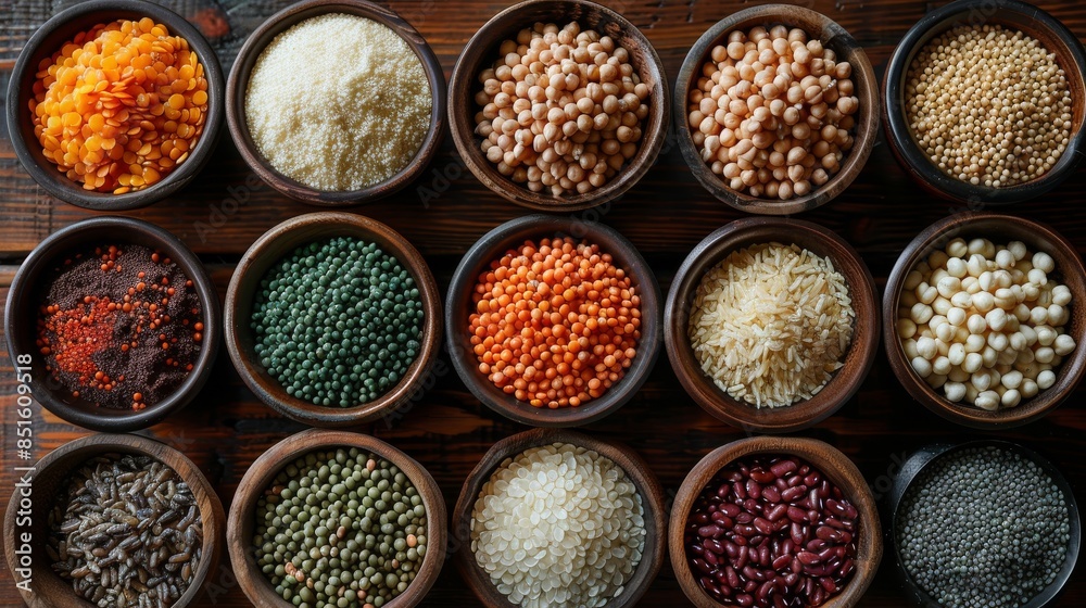 A vibrant array of pulses and grains on display in various wooden bowls, providing a feast for the eyes and thoughts of nutrition A vibrant array of pulses and grains on display in various wooden bowls, providing a feast for the eyes and thoughts of nutrition
