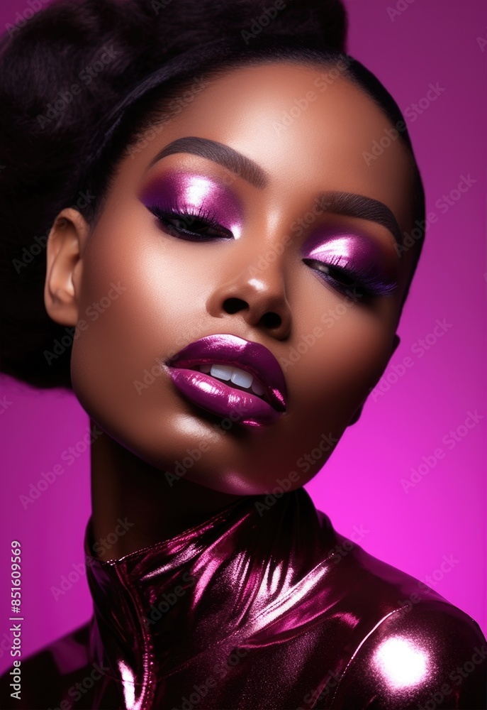 Portrait of beautiful black woman. Girl with stylish makeup. Metallic plum lips and eyeshadows.