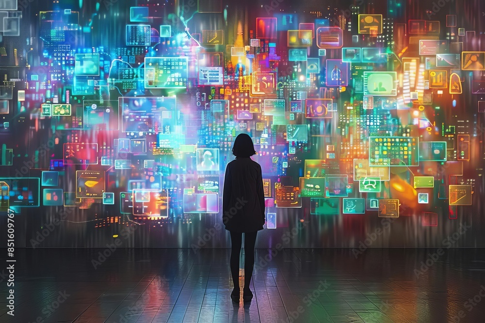 A person standing before a wall of shifting idea icons, digital painting, bright colors, high detail A person standing before a wall of shifting idea icons, digital painting, bright colors, high detail