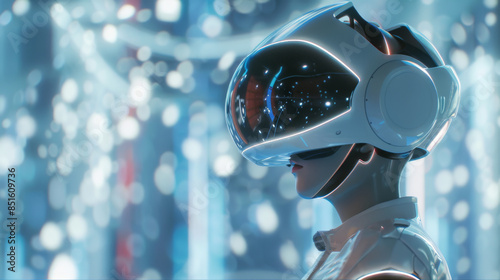 A futuristic scene showcasing a person wearing a sleek, high-tech virtual reality headset amidst a glowing, bokeh-lit environment. © VK Studio