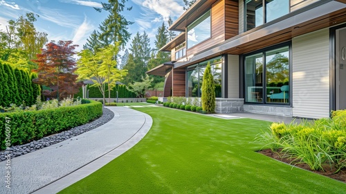 Sleek front lawn with manicured artificial turf and elegant wooden borders.