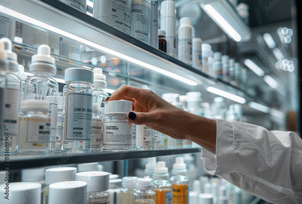 Pharmacist in Lab Coat Picking Jar from Organized Shelf of Products Pharmacist in Lab Coat Picking Jar from Organized Shelf of Products