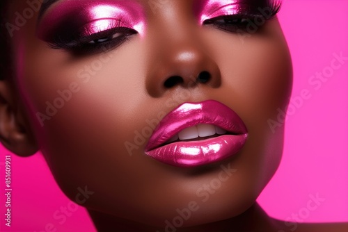 Portrait closeup of beautiful black woman. Fashion girl with stylish makeup. Metallic lips and eyeshadows. Bright pink color palette © lolya1988