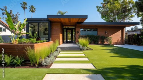 Stylish front yard featuring refined artificial turf with sleek wooden edging.