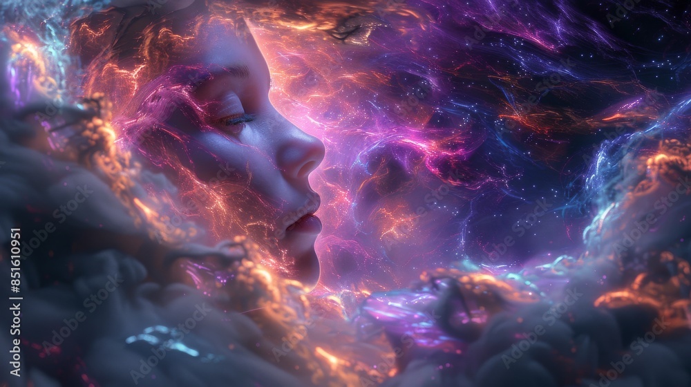 An artistic depiction of a face blends into a cosmic nebula, evoking themes of dreams and the universe An artistic depiction of a face blends into a cosmic nebula, evoking themes of dreams and the universe