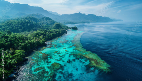 aerial view of a tropical island with a turquoise lagoon and coral reefs