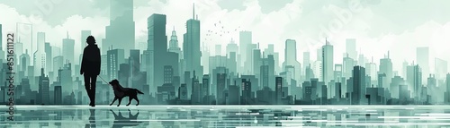 Wallpaper Mural A person walking a dog in an urban park with a city skyline in the background, reflecting on the water, art illustration. Torontodigital.ca