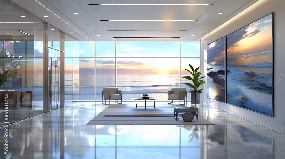 A corporate office with a digital art gallery, featuring a rotating selection of digital masterpieces on high-resolution screens A corporate office with a digital art gallery, featuring a rotating selection of digital masterpieces on high-resolution screens