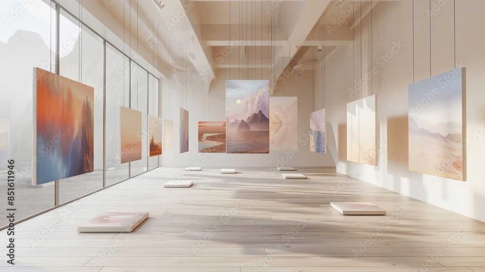 An artist s studio with floating canvases displaying shifting artworks, surrealism, soft tones, An artist s studio with floating canvases displaying shifting artworks, surrealism, soft tones,