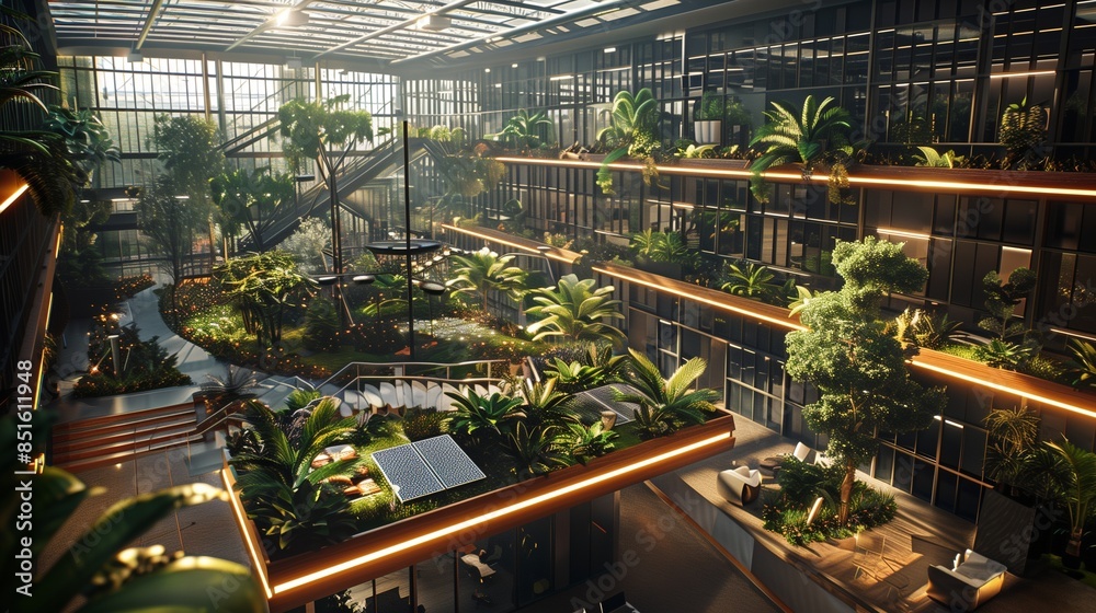 A corporate office with a panoramic rooftop garden, complete with Wi-Fi and solar-powered charging stations A corporate office with a panoramic rooftop garden, complete with Wi-Fi and solar-powered charging stations