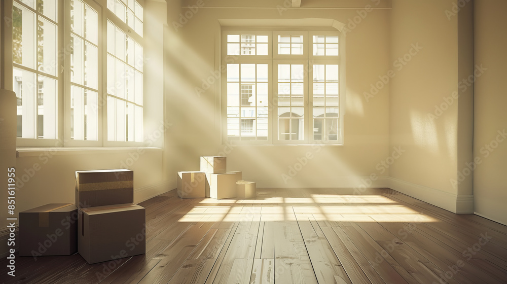 Obraz premium Sunlight streams into an empty room with wooden floors and packed moving boxes, symbolizing new beginnings.